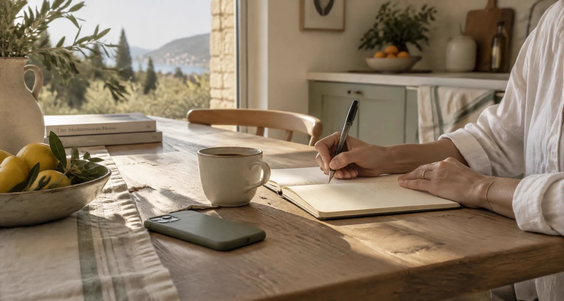 Unas manos escriben en un cuaderno junto a una taza de café y un teléfono boca abajo