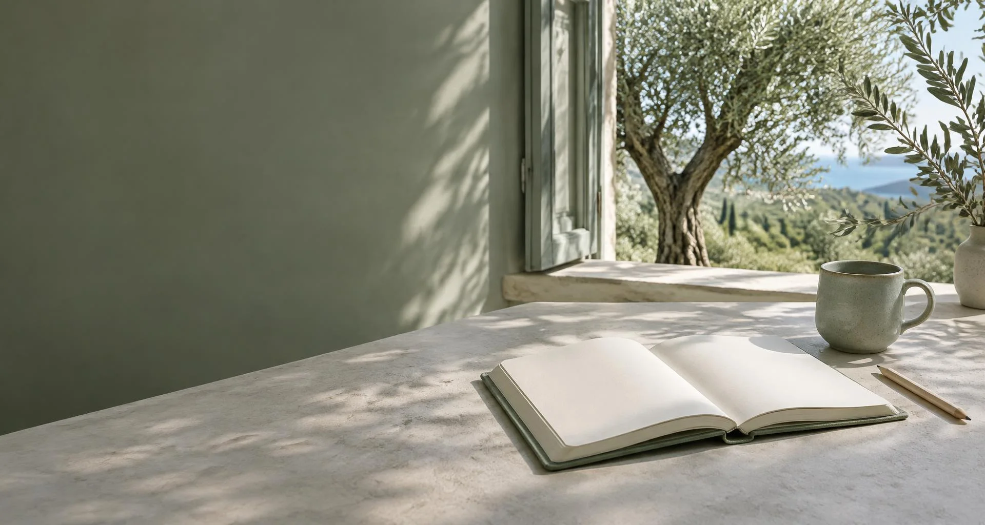 Cuaderno abierto junto a una ventana con un olivo, una taza y luz natural