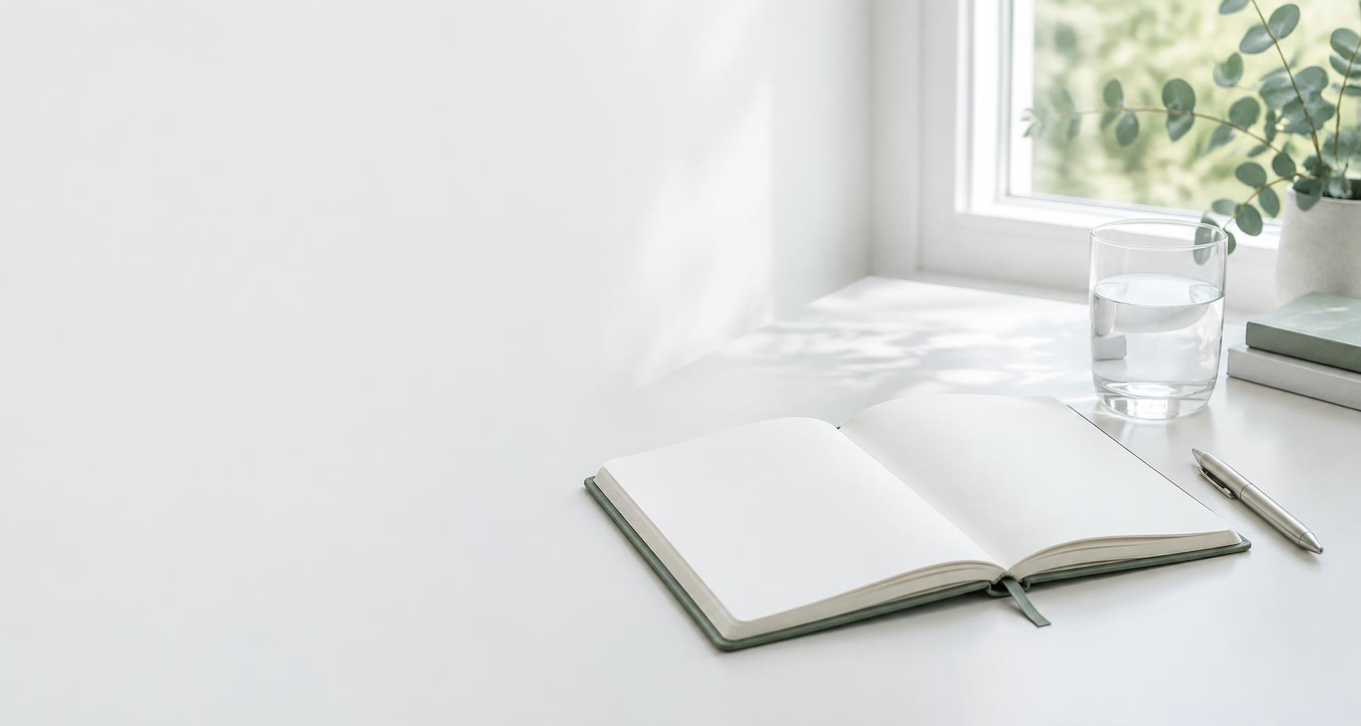 Cuaderno abierto de cubierta salvia junto a una ventana, con un bolígrafo y un vaso de agua